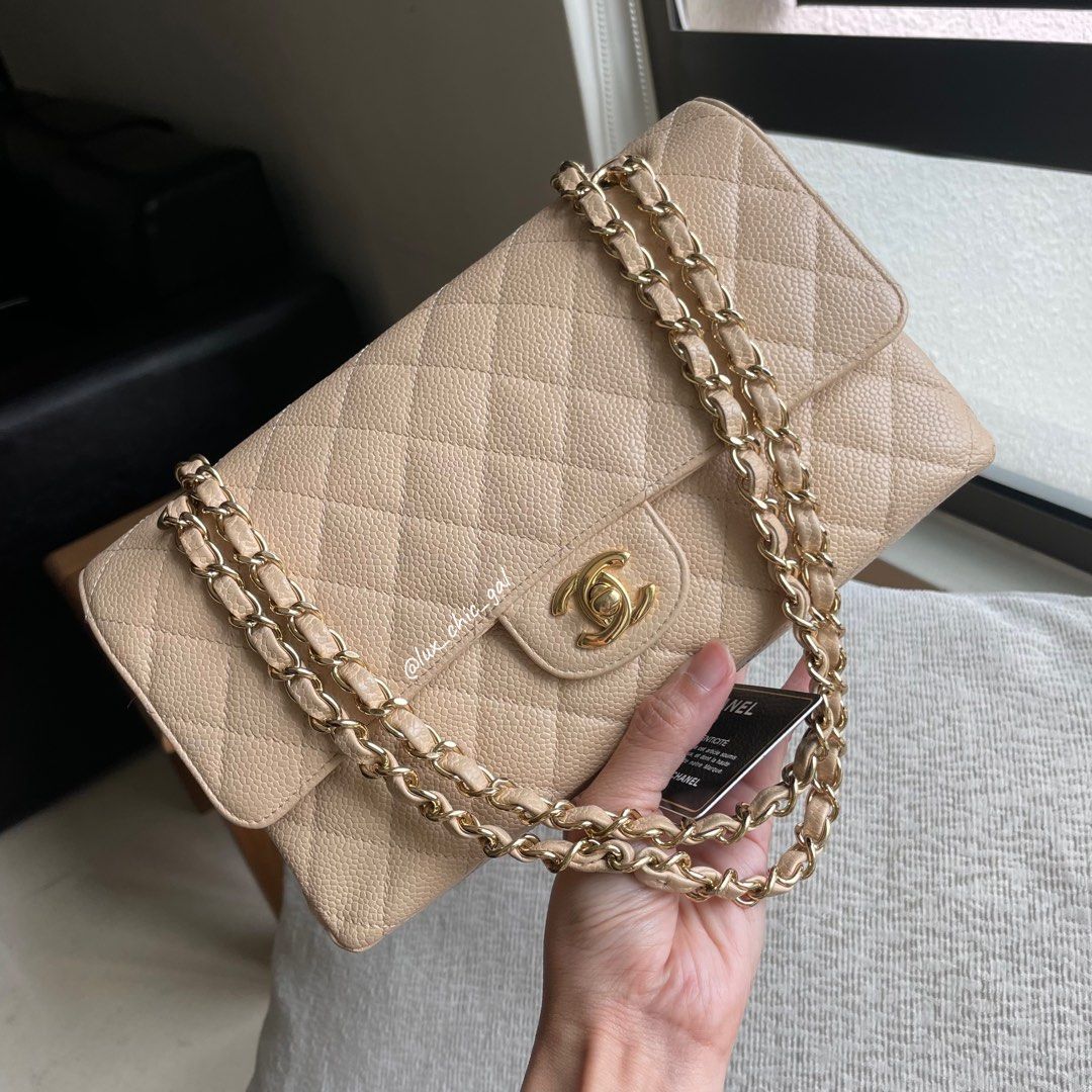 AUTHENTIC CHANEL Caviar Beige Clair Medium 10 Classic Flap Bag Gold Hardware
