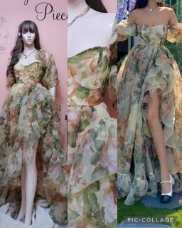 Brand new High Quality Rare Green Floral Organza PuffSleeves Fairy Ruffle Dress/Gown