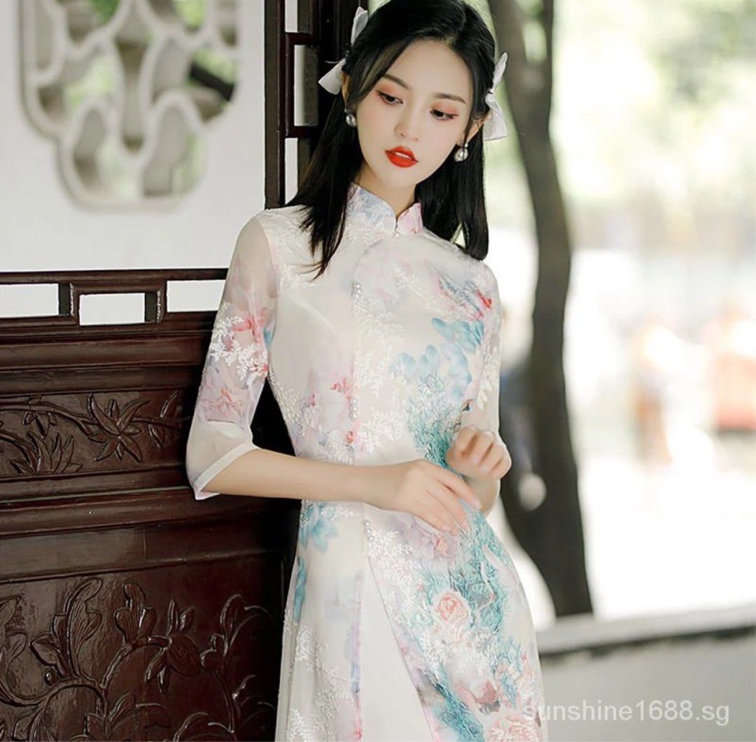 modern qipao dresses singapore Traditional Blue Qipao Dress Jacquard Silk Sation Long Cheongsam Singapore