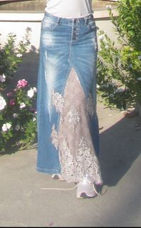 Y2K denim maxi skirt with silver lace and sequin details