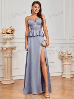 dusty blue corset satin bridesmaid dress / long gown