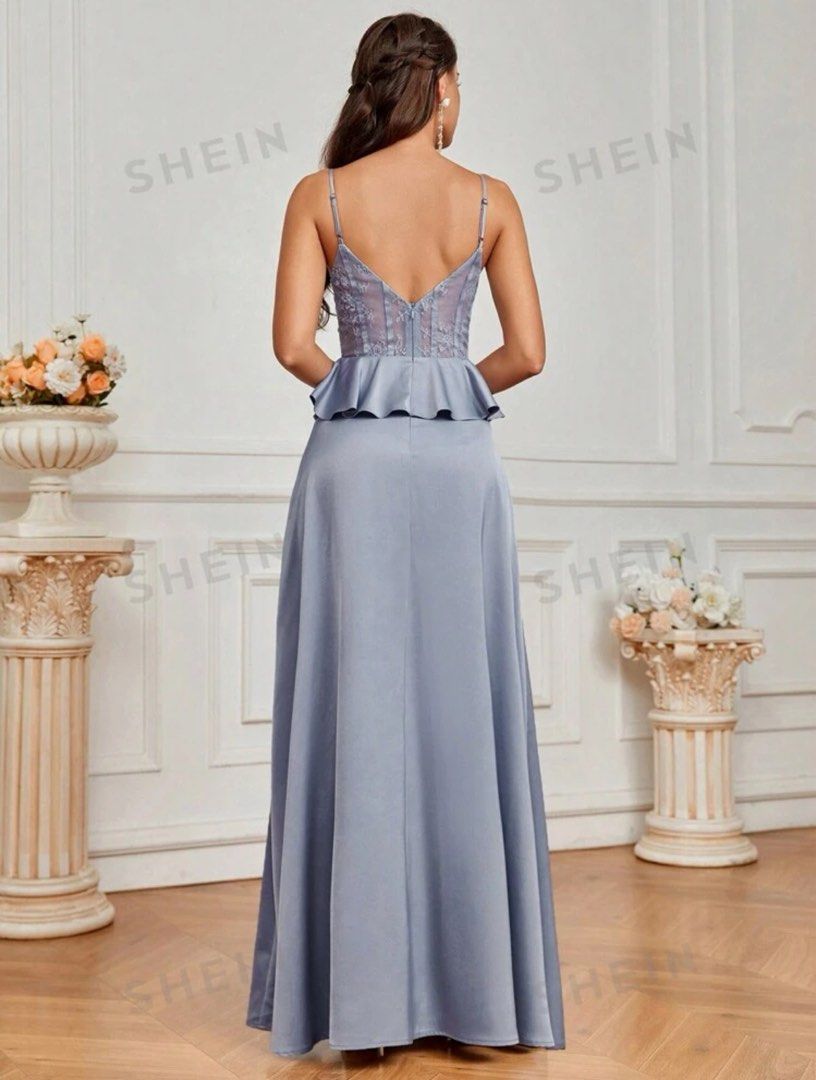 dusty blue corset dress Berylove Women Dusty Blue Prom Dress with Slit A Line Corset Beaded  Strapless Evening Dress