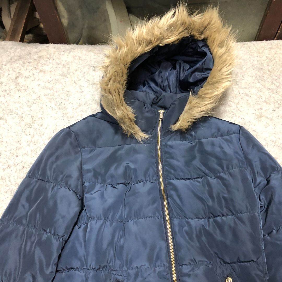 H M Down Puff Parka Coat Down Hooded Faux Fur Winter Jacket Size US 2 Puffer Navy Blue Women s Fashion Coats Jackets and Outerwear on Carousell