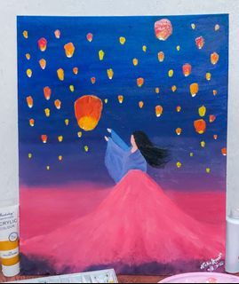 Lady with Sky Lanterns Acrylic Painting