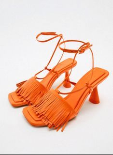 Orange Leather Strappy Sandals with Fringes - size 35