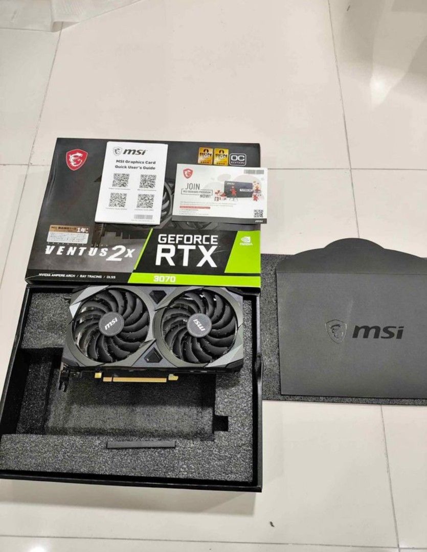 MSI RTX 3070 Ventus 2x (Category: Computer Parts) located in Bulacan. Submitted by thanatos_ (Listing ID 1299273543, Image 2). Description: still in very good condition with great thermals, used for a year and warranty sticker still intact. no corrosion well maintained and only used on light games. rfs: upgrading meetup around lrt stations, can video call or send videos for tests and more pics..
