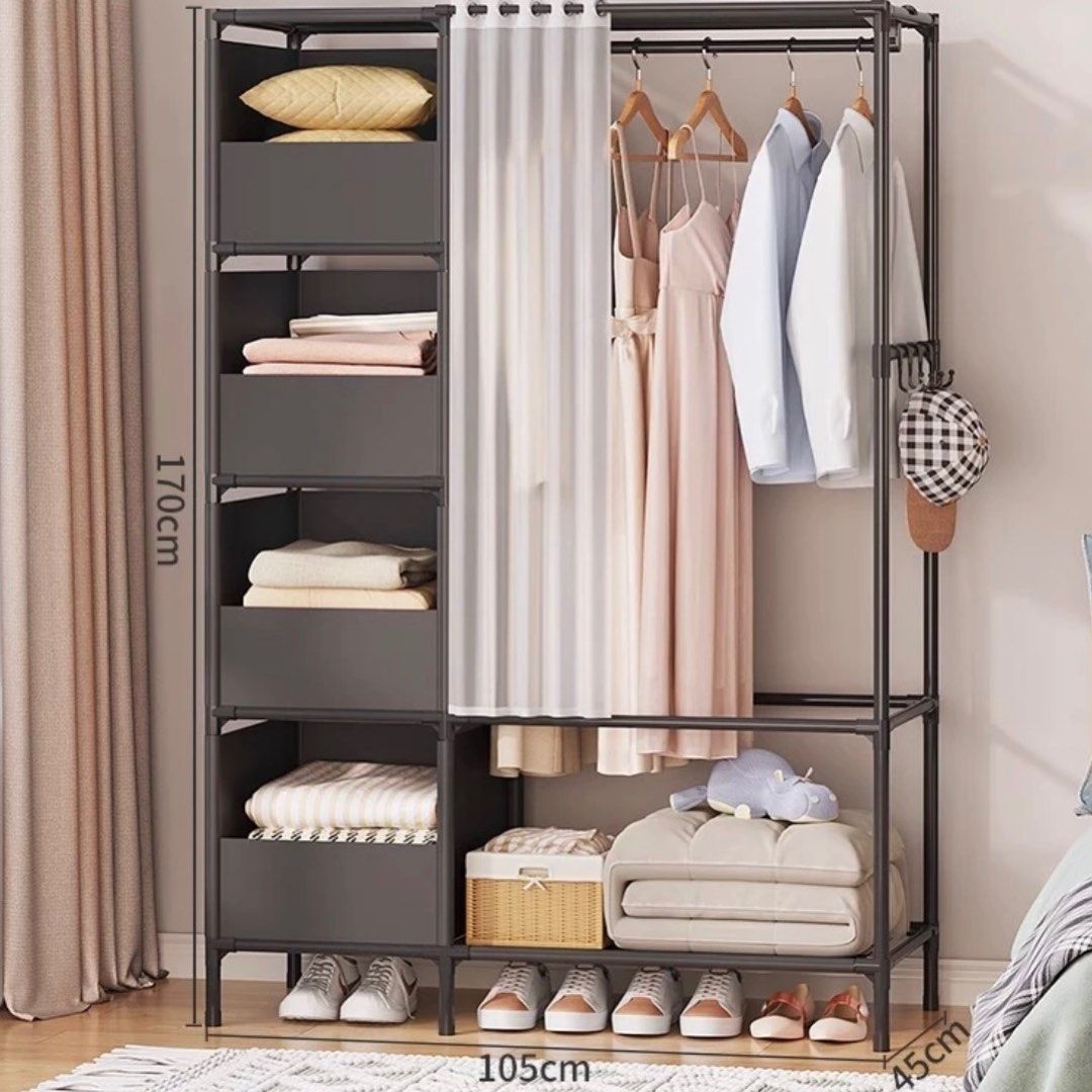 Multifunctional Clothes Rack Home Living Room Bedroom Storage Cabinet Wardrobe Multilayered Shelf Rack With Curtain And Storage Box Aesthetic