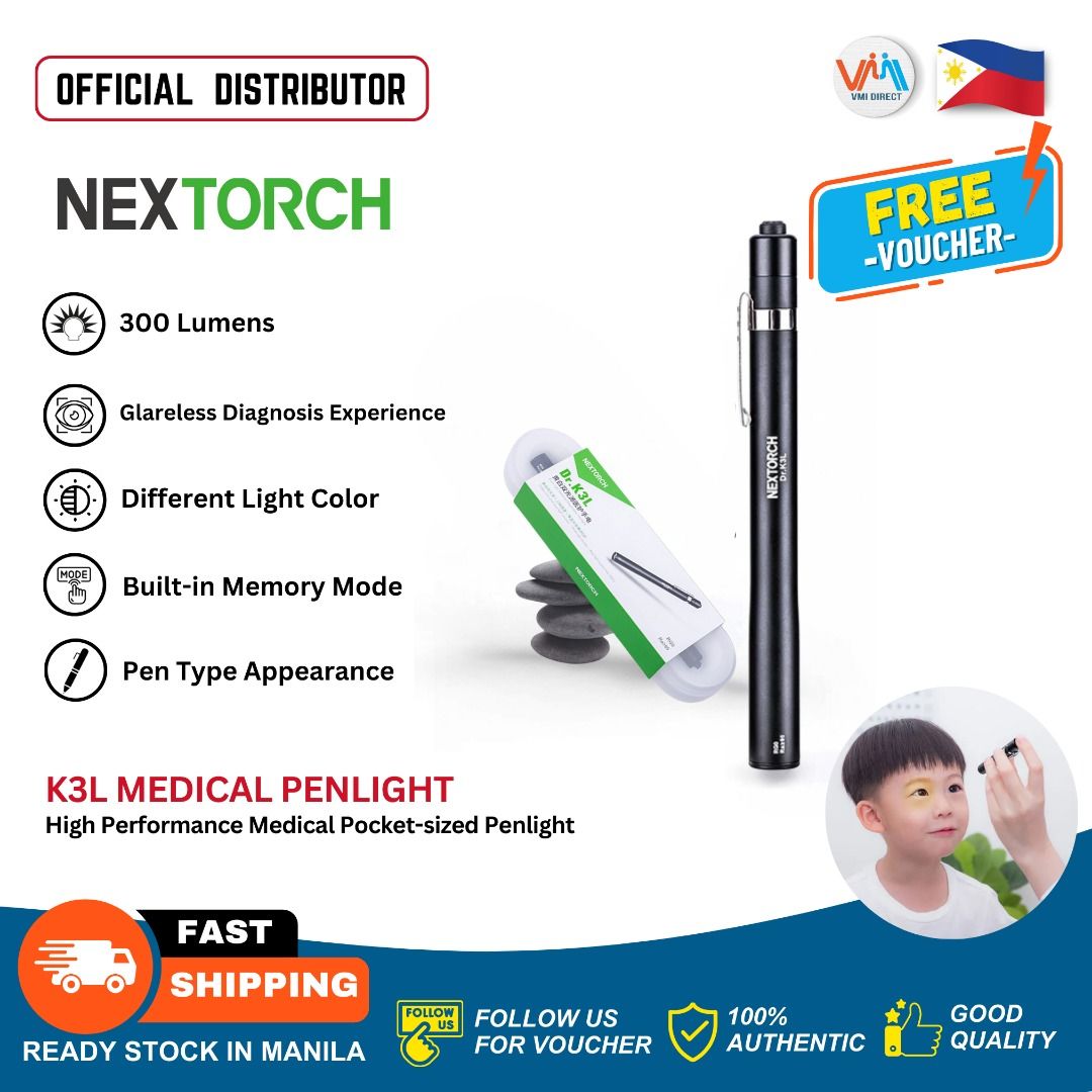 Nextorch Dr.K3L Medical Penlight (Category: Medical Supplies & Tools) located in Manila. Submitted by vmidirect (Listing ID 1299174329, Image 1). Description: Nextorch Dr.K3L Professional Medical/Doctor Penlight - Chrome-plated anti-skid tail switch ,to ensure the normal use even when wearing gloves. Pen-size appearance with a stainless clip, stylish, light-weight and portable. High color rendering index,RA>90, with true tissue color rendition. B