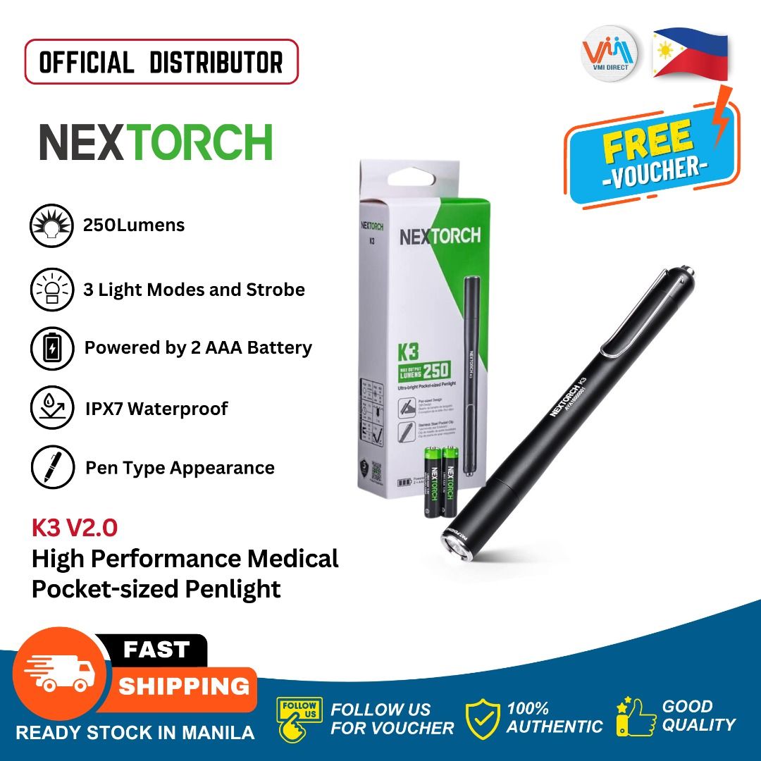 Nextorch K3 V2.0 High Performance Pocket-sized Penlight (Category: Flashes) located in Manila. Submitted by vmidirect (Listing ID 1299149235, Image 1). Description: The NEXTORCH K3V2 is ideally sized for everyday carry. This flashlight is tailored for a range of applications, from casual use to emergency medical situations, offering 4 lighting modes: low, medium, high, and stribe. The K3V2's memory function is a standout feature, retaining the la