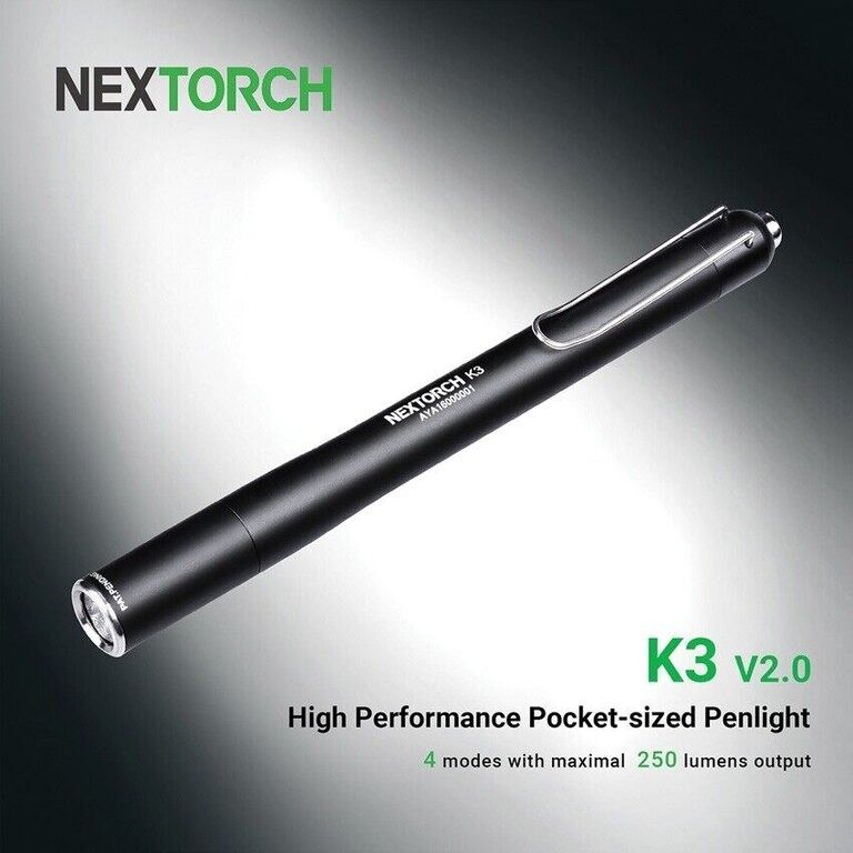 Nextorch K3 V2.0 High Performance Pocket-sized Penlight (Category: Flashes) located in Manila. Submitted by vmidirect (Listing ID 1299149235, Image 2). Description: The NEXTORCH K3V2 is ideally sized for everyday carry. This flashlight is tailored for a range of applications, from casual use to emergency medical situations, offering 4 lighting modes: low, medium, high, and stribe. The K3V2's memory function is a standout feature, retaining the la