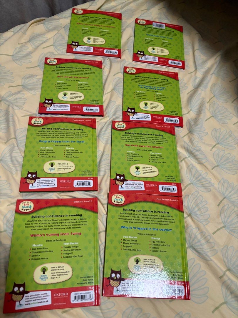 Oxford Reading Tree: Level 5 Biff, Chip & kipper(8本） （分類：小說及非小說）位於 Hong Kong。 由 priz_w 提交（商品編號 1299173306，圖片 3）。簡介： Biff, Chip & kipper Oxford reading books : Level 5 (總共8本） includes First stories and Phonics First stories 系列： 1.Hungry Floggy 2.Trapped 3. Looking after Gran 4. Husky Adventure Phonic 系列： 1. Dolphin Rescue 2. Seasick 3. Craig Saves the Day 4. Egg Fried Rice。