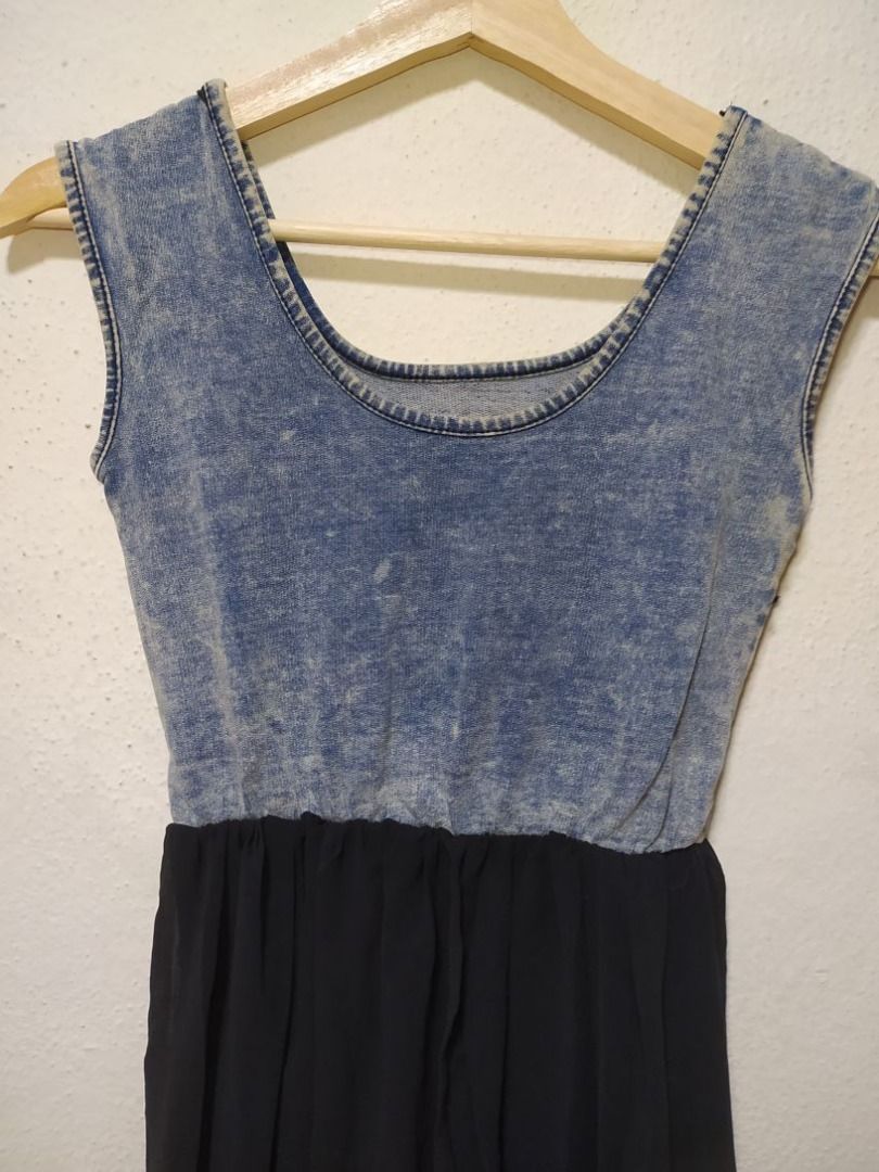 Preloved Sleeveless Vintage Denim Faded Wash Jeans Chiffon Maxi Dress