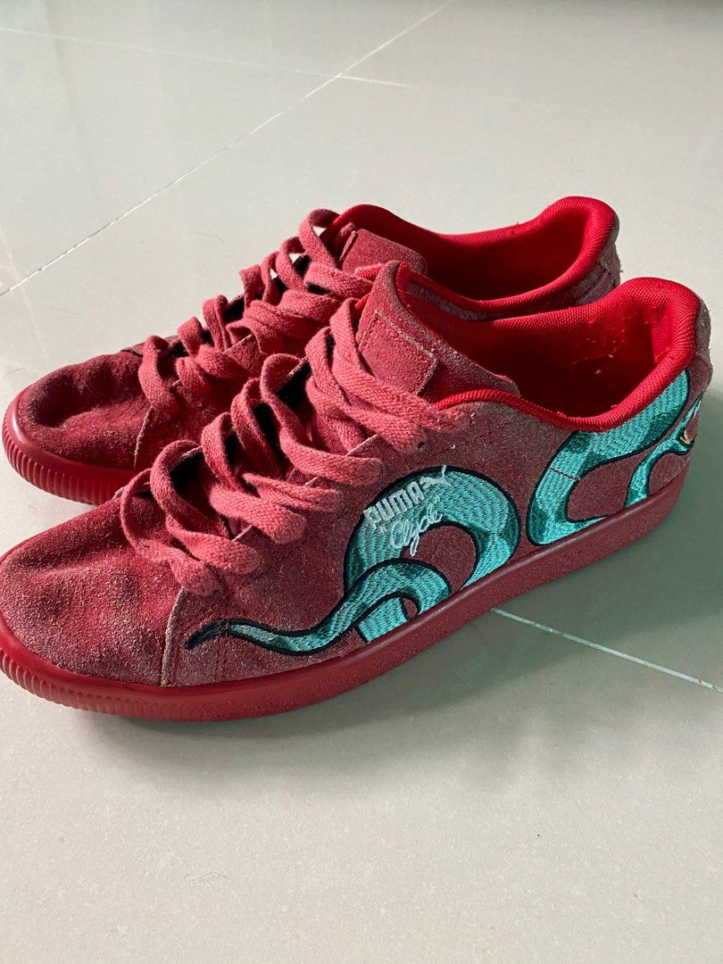 Puma Clyde Snake Embroidery Men s Shoes Ribbon Red Laurel Wreath