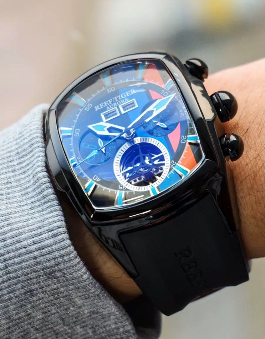 Reef Tiger AURORA メンズ腕時計 ブラック×ブルー Affordable Reef Tiger Aurora Tank Racing Best Black PVD