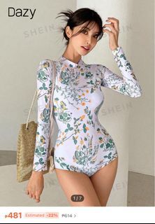 SHEIN DAZY Women's Long Sleeve Floral Printed One-Piece Swimsuit With Plant Pattern