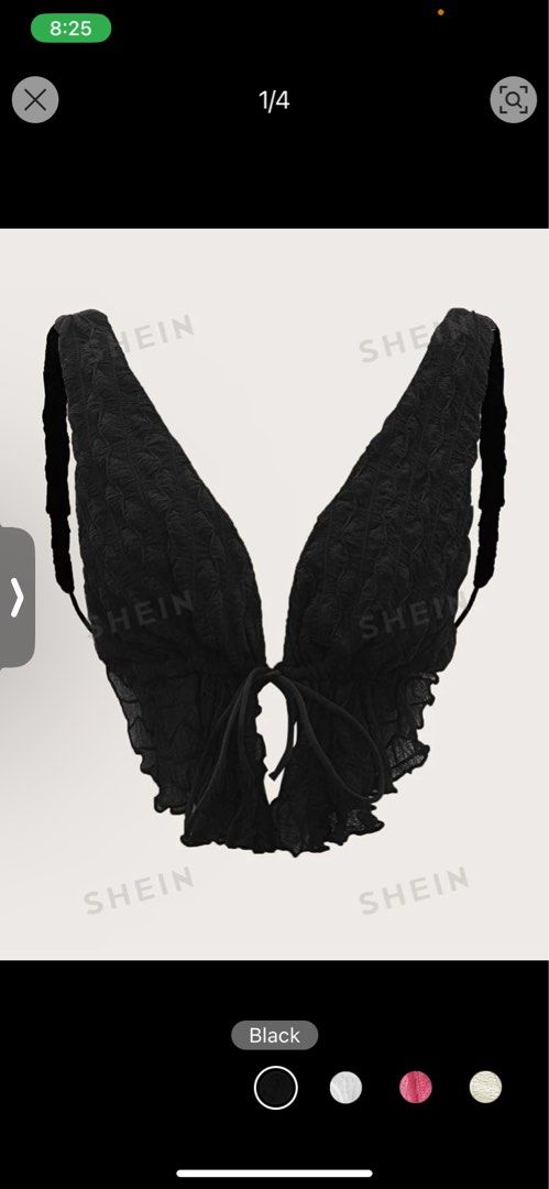 SHEIN ICON Tie Front Open Back Textured Tank Top (Category: Sleeveless) located in Manila. Submitted by thriftbae_ (Listing ID 1299225674, Image 1). Description: Black Sleeveles Top 🕷️Backless Top 🕷️Open front 🕷️XS - S size 🕷️best for beach getaway ☀️🌊 🕷️cover up or swimsuit 🕷️best for night out also 💋 🕷️once used Model Measurement: Bust: 35B Waist: 26 inch High Hip: 30 inch Hip: 36 inch Height: 5'0 ft Body Frame: Medium to Large.