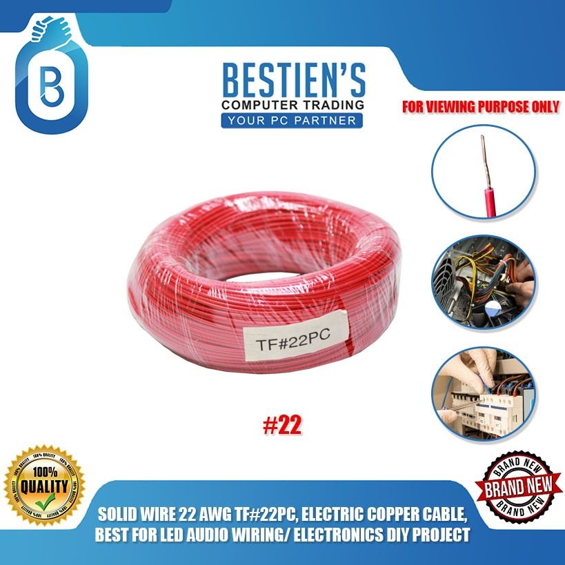 SOLID WIRE 22 AWG TF#22PC, ELECTRIC COPPER CABLE, BEST FOR LED AUDIO WIRING/ ELECTRONICS DIY PROJECT (Category: Electrical, Adaptors & Sockets) located in Quezon City. Submitted by besteinpc (Listing ID 1145283568, Image 1). Description: SOLID WIRE 22 AWG TF#22PC, ELECTRIC COPPER CABLE, BEST FOR LED AUDIO WIRING/ ELECTRONICS DIY PROJECT 👉Solid wire 22 AWG 👉Model: TF#22PC 👉Electrical Copper cable 👉Best for LED Audio wiring and Electronics DIY 
