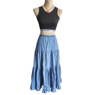 Styles To Go Denim Tiered Maxi Skirt Highwaist all line flared boho peasant vintage