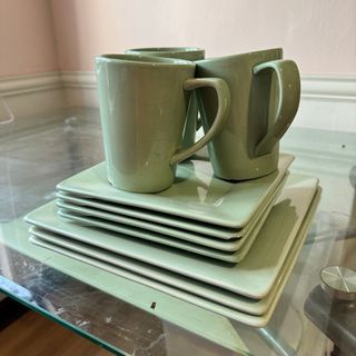 *TAKE ALL SALE* MISTO Tabletops Gallery hand-crafted hand-painted  pastel green dinnerware (3 mugs + 4 salad plates + 3 dinner plates)