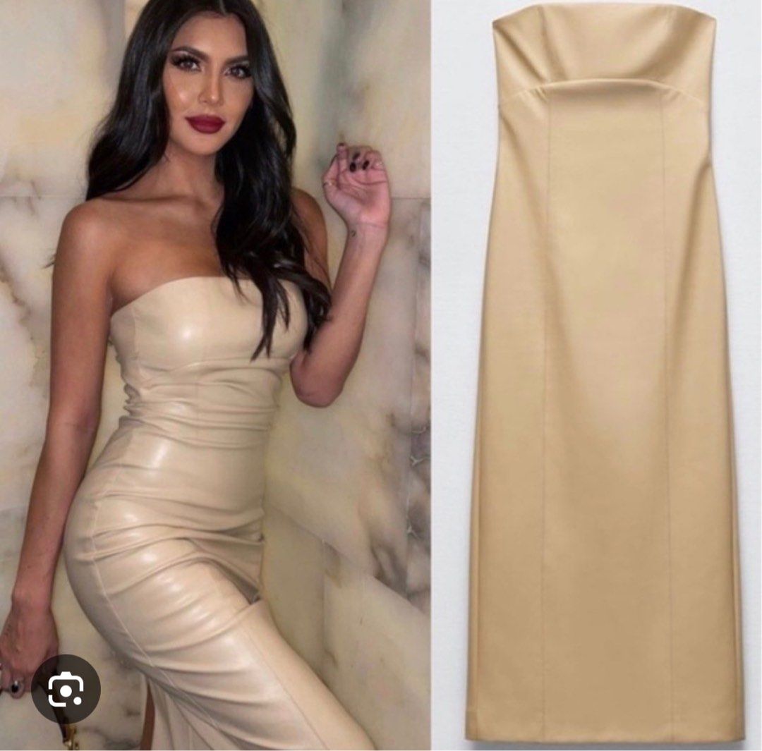Zara Tube Faux Leather Dress Cream Nego open