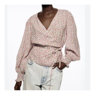 Zara women floral print wrap around longsleeve Blouse