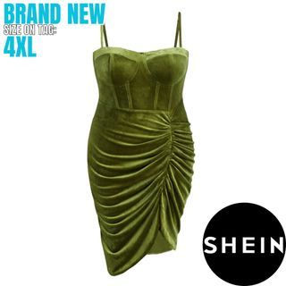 ‼️MOVING OUT SALE‼️ 4XL SHEIN Green Velvet  Ruched Skirt Midi Formal Dress | Brand New