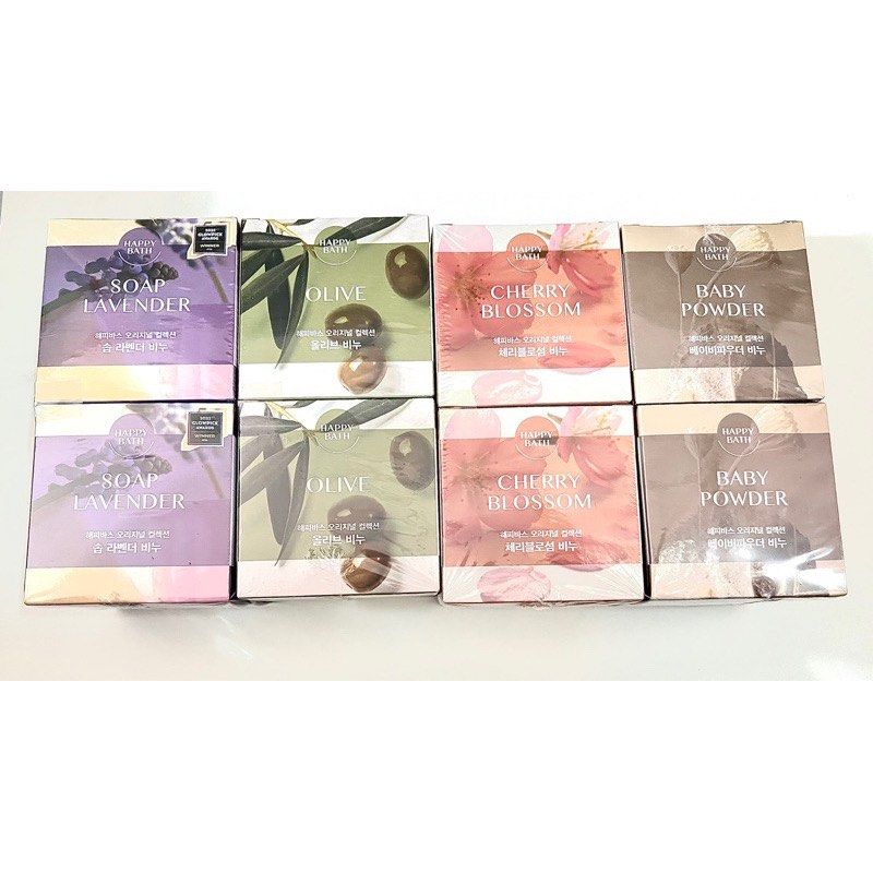 90g Happy Bath Essence Soap Bar (Category: Bath) located in Manila. Submitted by peoniesandviolets (Listing ID 1116024514, Image 1). Description: HAPPY BATH Essence Bar 90g Olive/Lavender/Cherry Blossom/Baby Powder Manufacturer: Amore Pacific Country of origin: South Korea Volume: 90g Contains natural cleansing ingredients. How to use Make enough bubbles. After rubbing the foam on the skin, wash it thoroughly with water..