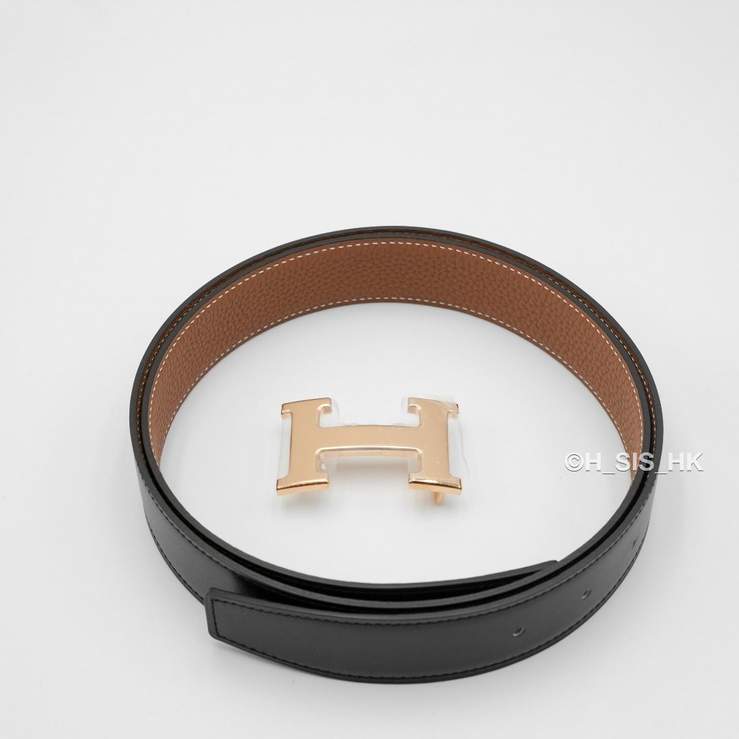 實體店Hermes 男裝皮帶皮帶H belt buckle & Reversible leather strap 32 mm Rose Gold  玫瑰金扣Noir / Gold 黑色/金棕雙面, 名牌, 飾物及配件- Carousell