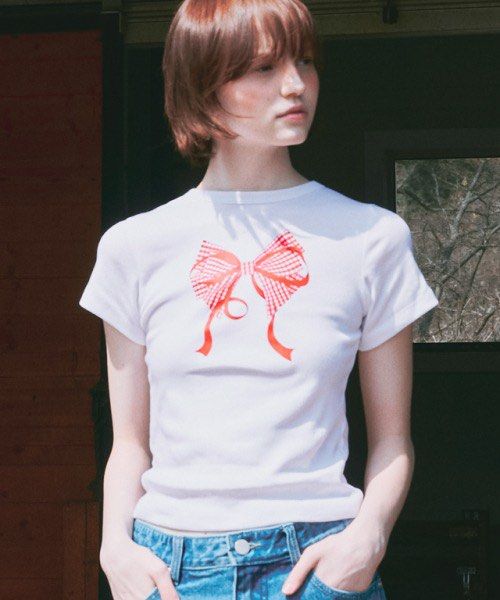 🇰🇷 RONRON Double Ribbon Slim Crop Tee Black Pink Jennie 著