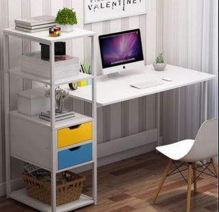 ALL WHITE study computer table with shelf and drawer