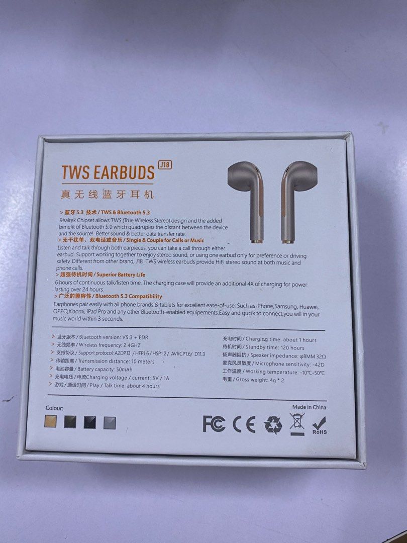 Bluetooth TWA earbuds J18 (Category: Earphones) located in Quezon City. Submitted by msamval (Listing ID 1299417329, Image 2). Description: TWS Earbuds (orig price: 480) - bluetooth 5.3 compatibility - single/couple for calls or music - superior battery life Rfs: gift not using.