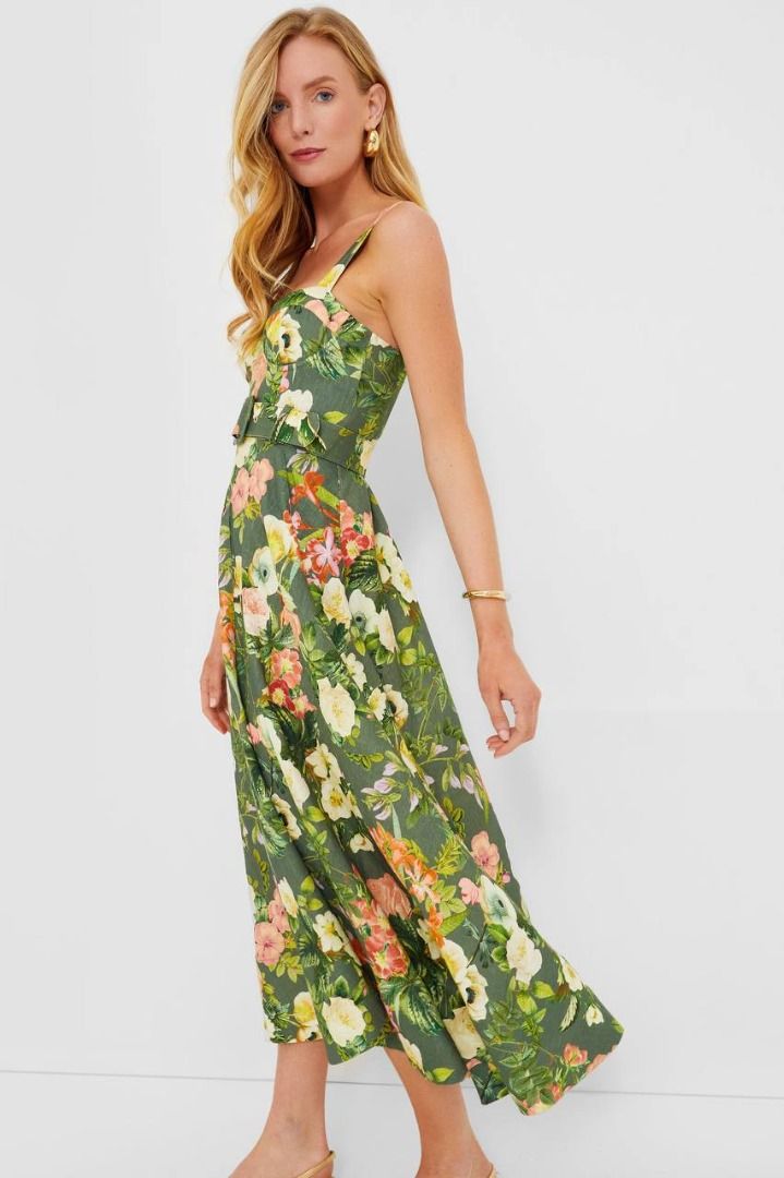 cara cara calypso sweetheart bustier floral linen midi dress Cara Cara Calypso Linen Midi Dress Olive Kingston Floral, Women's Fashion,  Dresses & Sets, Dresses on Carousell