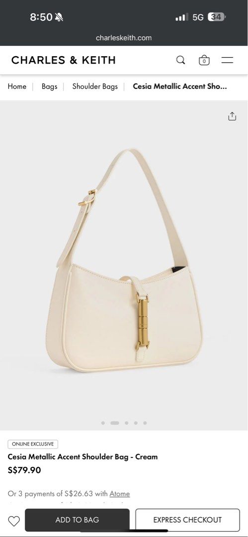 Charles Keith Cesia Metallic Accent Shoulder Bag Cream