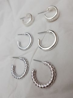 IMPORTED 3-Pairs Set - Silver Hoop Earrings (Ear Stacks/ Stackable) - A227