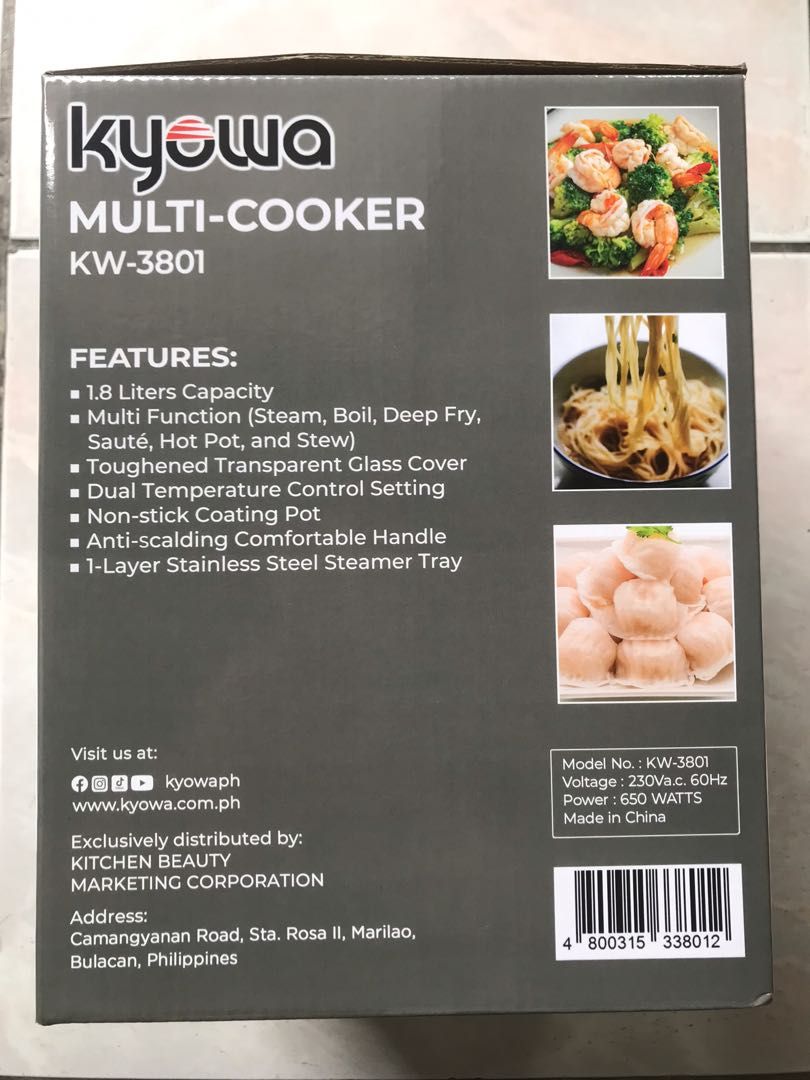 Kyowa Multi-cooker (Category: Cookers) located in Pasay City. Submitted by kkalien (Listing ID 1299316858, Image 2). Description: Kyowa Multi-cooker ● Multi Function (Steam, Boil, Deep Fry, Saute, Hot Pot, and Stew) ● Transparent Glass Cover (To ensure that food is properly cooked) ● 1.8L Liters Capacity ● Non-Stick Coating Pot ● Anti-Scalding Comfortable Handle ● 1- Layer Stainless Steel Steamer Tray Technical Specifications Item Model: KW-3801 