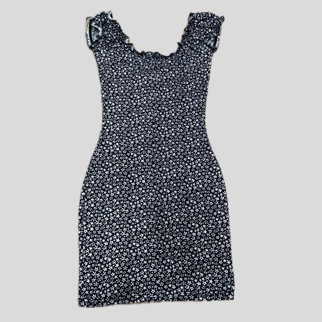 navy blue floral milkmaid mini dress, Women's Fashion, Dresses & Sets,  Dresses on Carousell