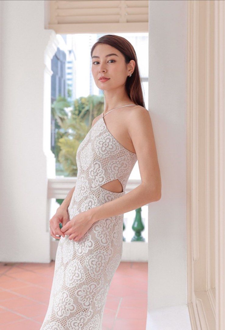 White floral lace cutout dress cheap
