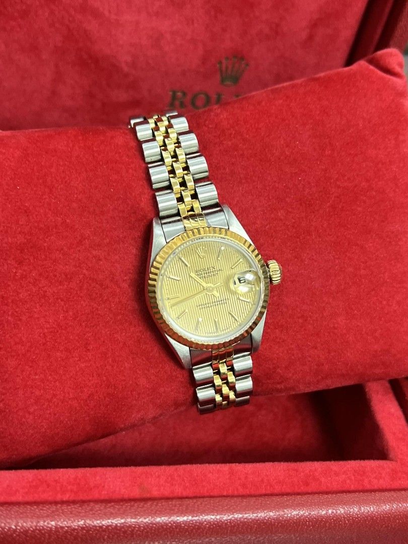 Rolex (Category: Luxury Watches) located in Cabadbaran. Submitted by luxurysourcedbyjinx (Listing ID 1299374909, Image 3). Description: Rolex Lady-Datejust 69173 Two Tone Yellow Gold Watch . . 🎀 Automatic; Champagne Stripe Dial ; jubilee bracelet; sapphire crystal; luminous hour markers Series W ( Year 1996) No lug holes In excellent used condition Fits Up to 15.3cm/6.02 inches Comes with original box, no papers.