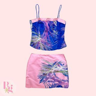 SUMMER Pink Blue Y2K Coquette Vintage Hawaiian Floral Square Neck Mini Skirt Coordinates Summer Set