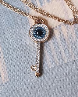 Swarovski Symbolic pendant Evil eye and key, Blue, Rose gold-tone plated dainty necklace.