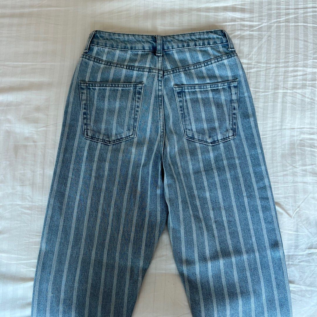 Stripe Topshop Mid Blue Straight Leg Jeans TOPSHOP High Waisted