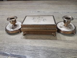 Vintage or antiques candle holders and jewelry box with comb