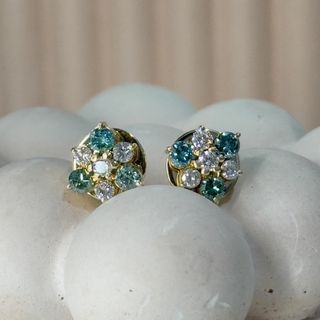 14K Yellow Gold White and Blue Diamond Cluster Earrings