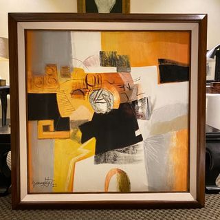 ABSTRACT YELLOW and GRAY 35x35 inches OIL ON CANVAS Painting with Wood Frame, Ready to Hang