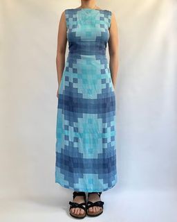 AD75. Pixelated Shades of Blue Boat Neck Straight Cut Maxi Dress | cottagecore y2k corpcore