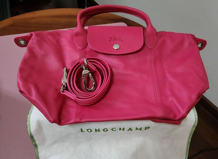BN Genuine Longchamp Leather Le Pliage Top Handle bag detachable strap hot pink