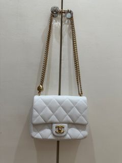 CC Sweetheart Crush Mini Rectangular Flap Bag in White Caviar with Antique Gold Hardware