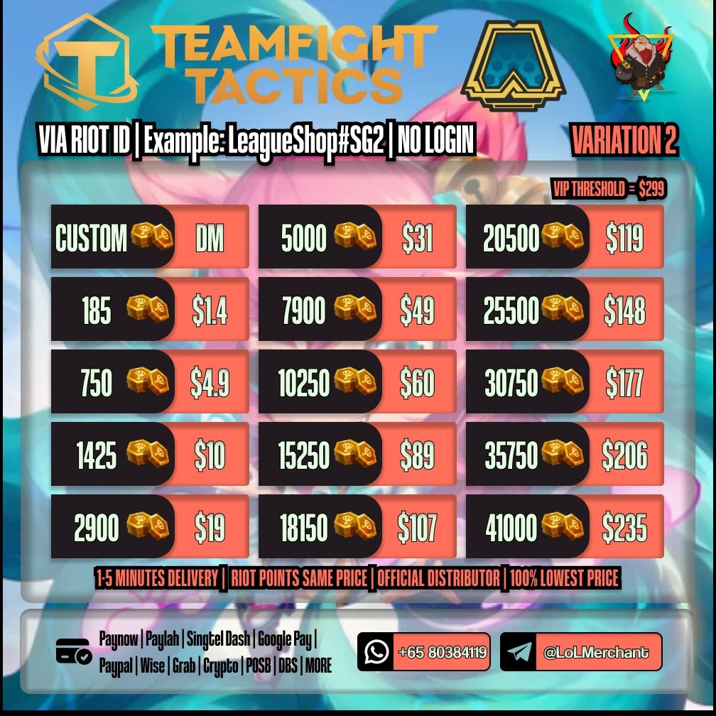 CHEAPEST TEAMFIGHT TACTICS COINS VARIATION 2 || TFT Coin || Teamfight  Tactic Coins || VIA USER ID || NO LOGIN REQUIRED || TFT Coins || LOL PC ||  League Riot point, Video Gaming, Video Games, Others on Carousell