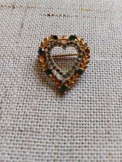 Double Heart-Shaped Gold & Silver Brooch with Stones