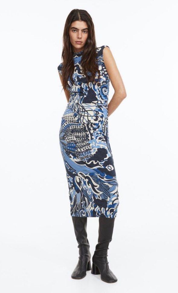 H&M mock neck gathered printed midi bodycon dress, Women's Fashion, Dresses  & Sets, Dresses on Carousell